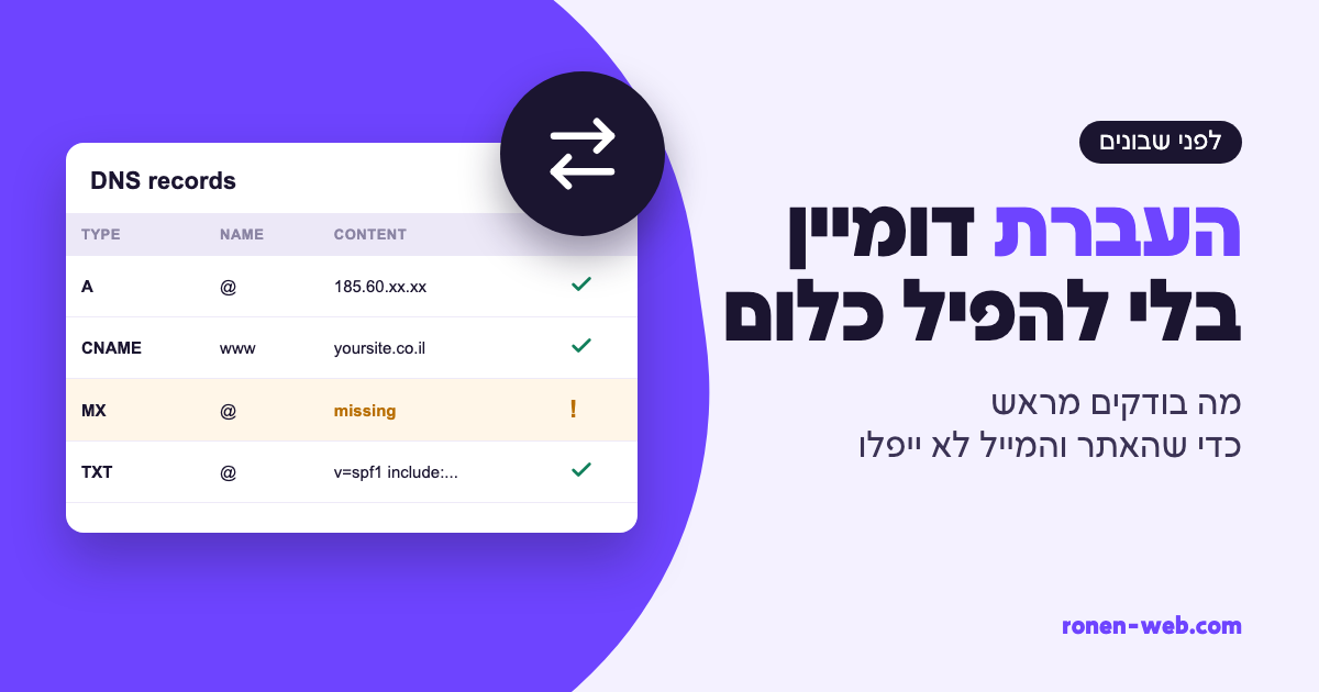 העברת דומיין: מה לבדוק לפני שמתחילים ואיך לא להפיל את האתר והמייל