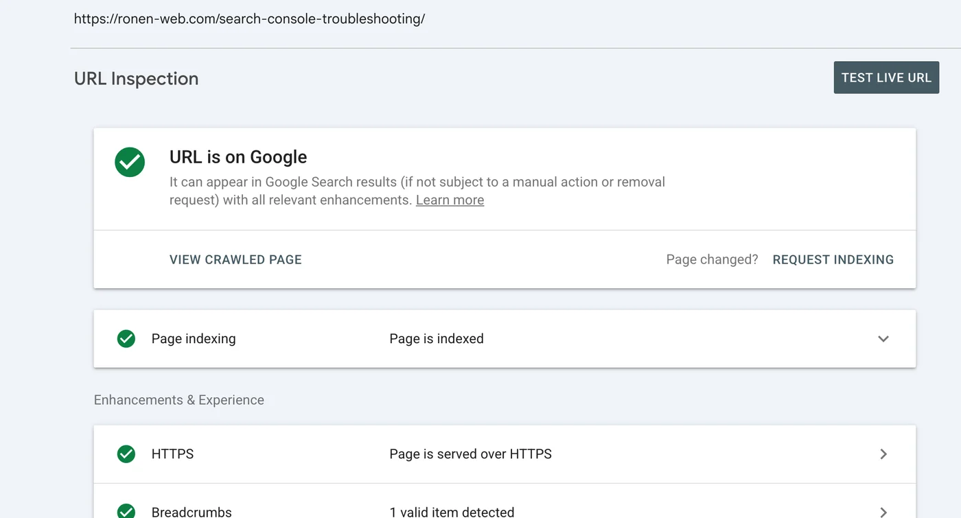 בדיקת URL Inspection ב-Search Console על מאמר באתר שלי, שמראה שהעמוד באינדקס