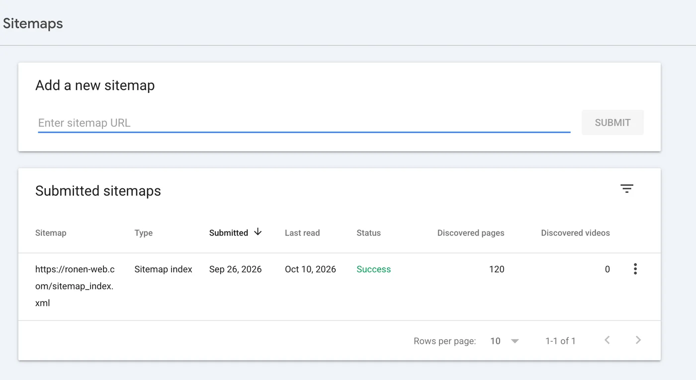 דוח Sitemaps ב-Search Console של האתר שלי: sitemap_index.xml בסטטוס Success עם 120 עמודים שהתגלו